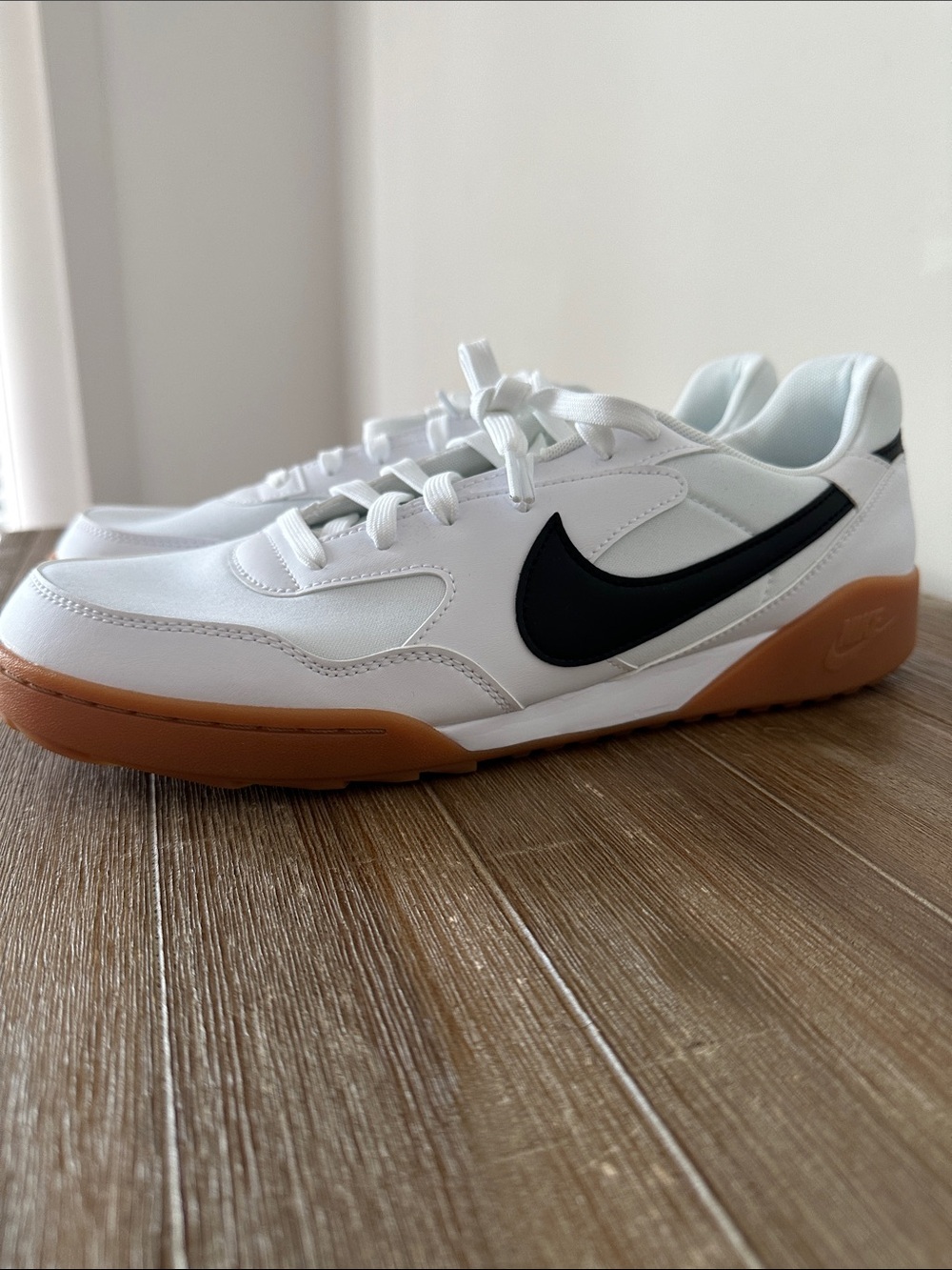 Nike White Sneakers with Black Swoosh and Gum Outsole Size 12